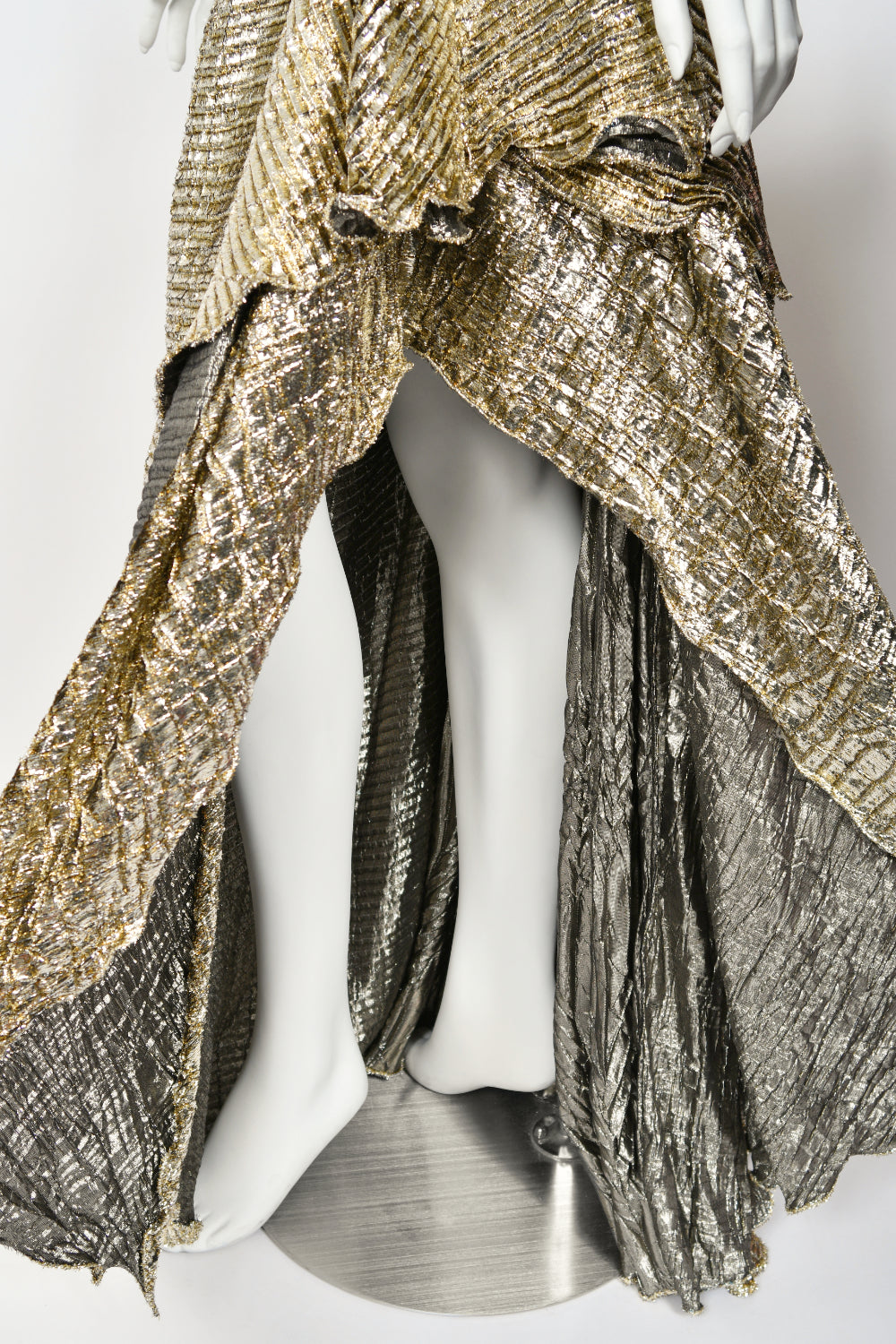 1994 Gianni Versace Couture Runway Metallic Gold Pleated Lamè High-Slit Gown