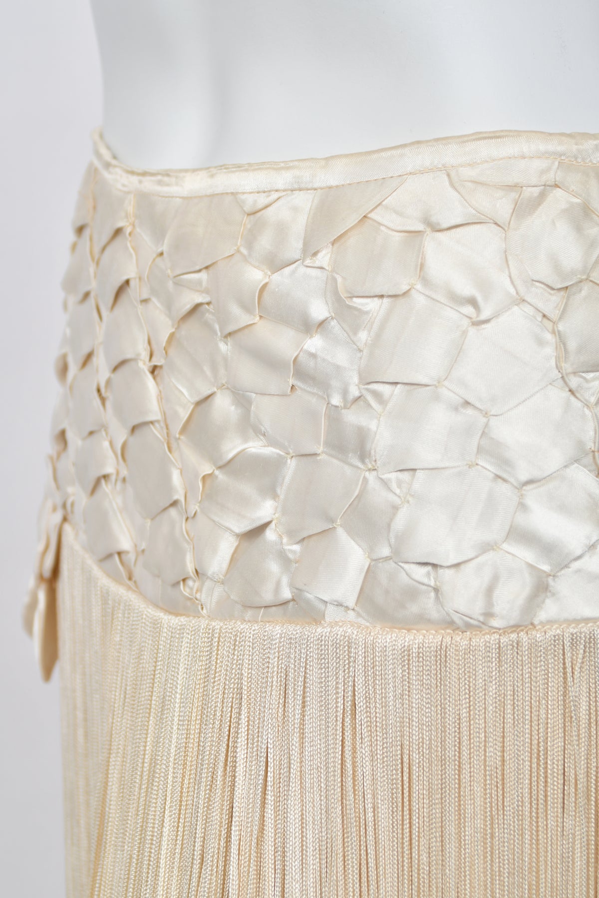 1950&#39;s Ivory Floral Appliqué Silk Bustier Crop Top &amp; Matching Fringe Skirt Set