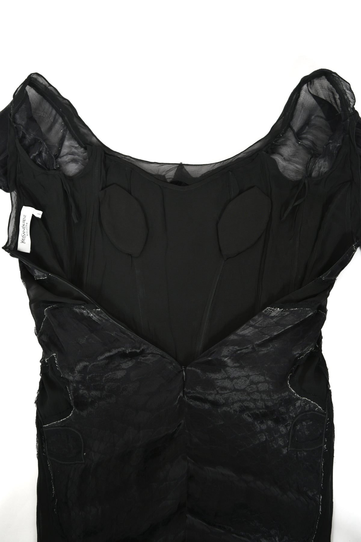2004 Tom Ford for Yves Saint Laurent Runway Sheer Black Boned Off-Shoulder Hourglass Dress