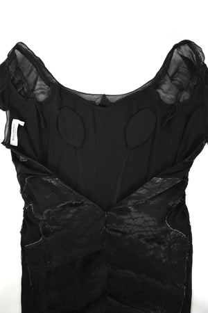 2004 Tom Ford for Yves Saint Laurent Runway Sheer Black Boned Off-Shoulder Hourglass Dress