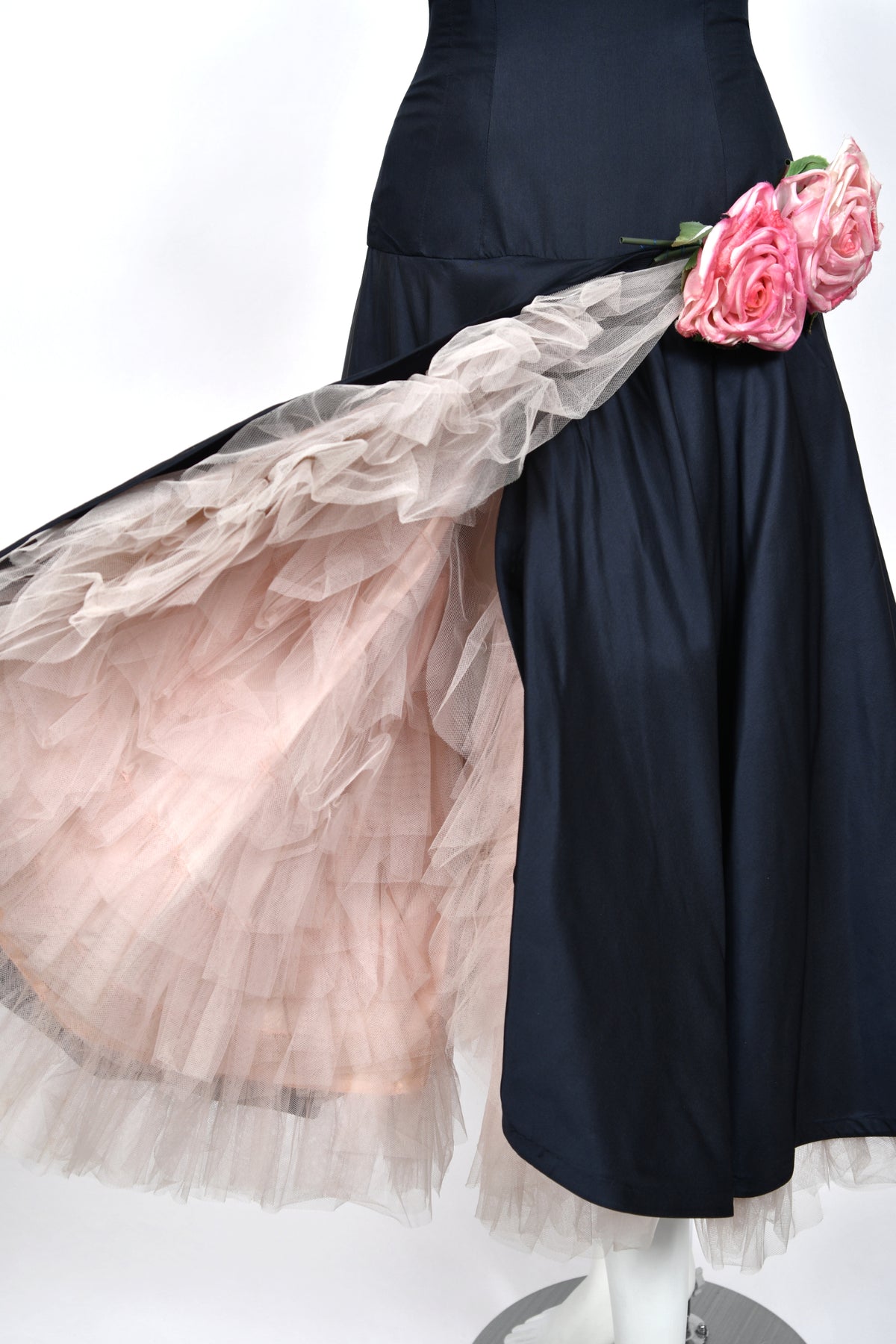 1950's Don Miguel of California Navy Silk &amp; Blush Pink Tulle Ruffle Shelf-Bust Strapless Dress