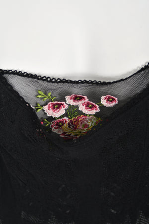 2003 John Galliano Embroidered Floral Sheer Black Pointelle Stretch Knit Bias-Cut Gown