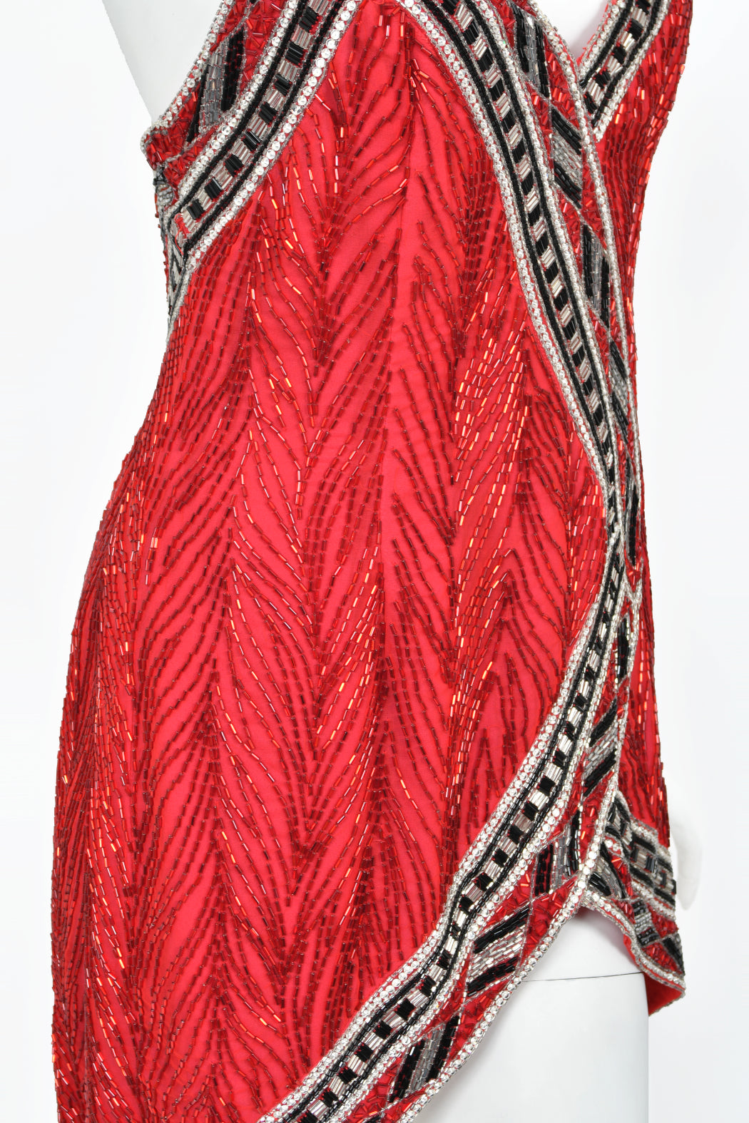 bob mackie mini dress 1984 Bob Mackie Documented Fully Beaded Red Silk High Low Micro-Mini D