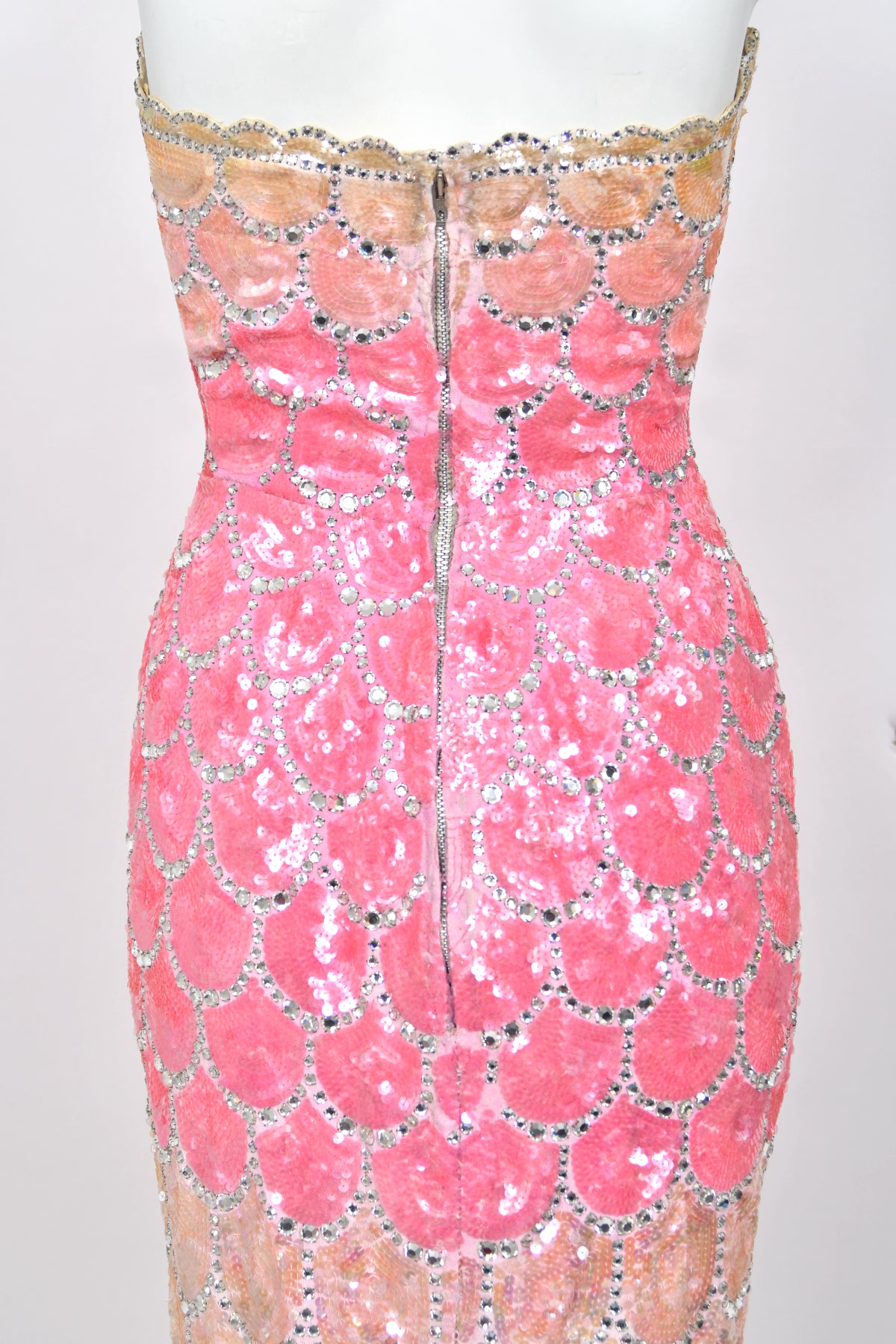 1950's Custom Couture Fully Sequin Pink Ombré Rhinestone Hourglass Gown w/ Gloves