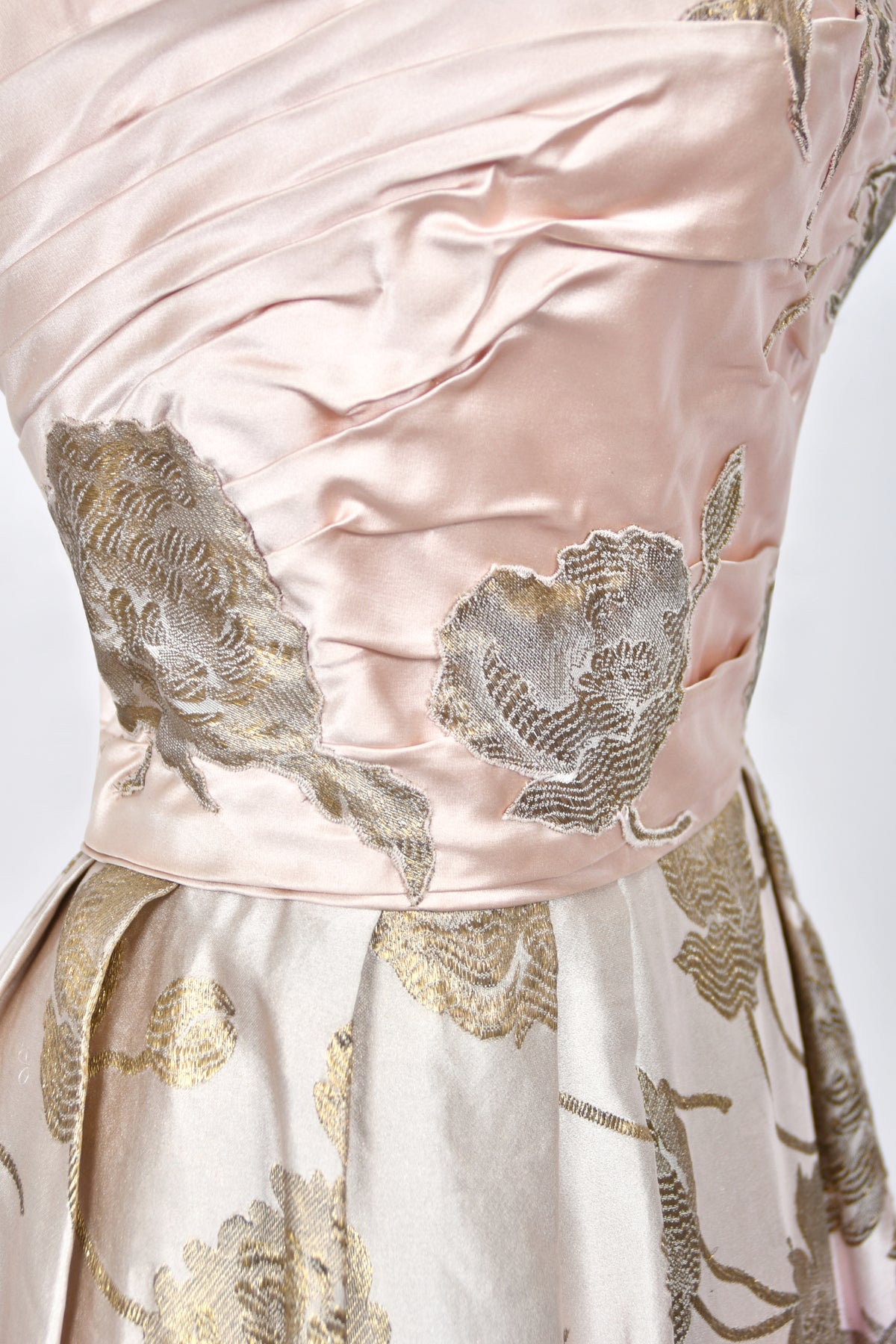 1950’s Philip Hulitar Couture Metallic Floral Ombré Pink Silk Satin Appliquéd Strapless Gown