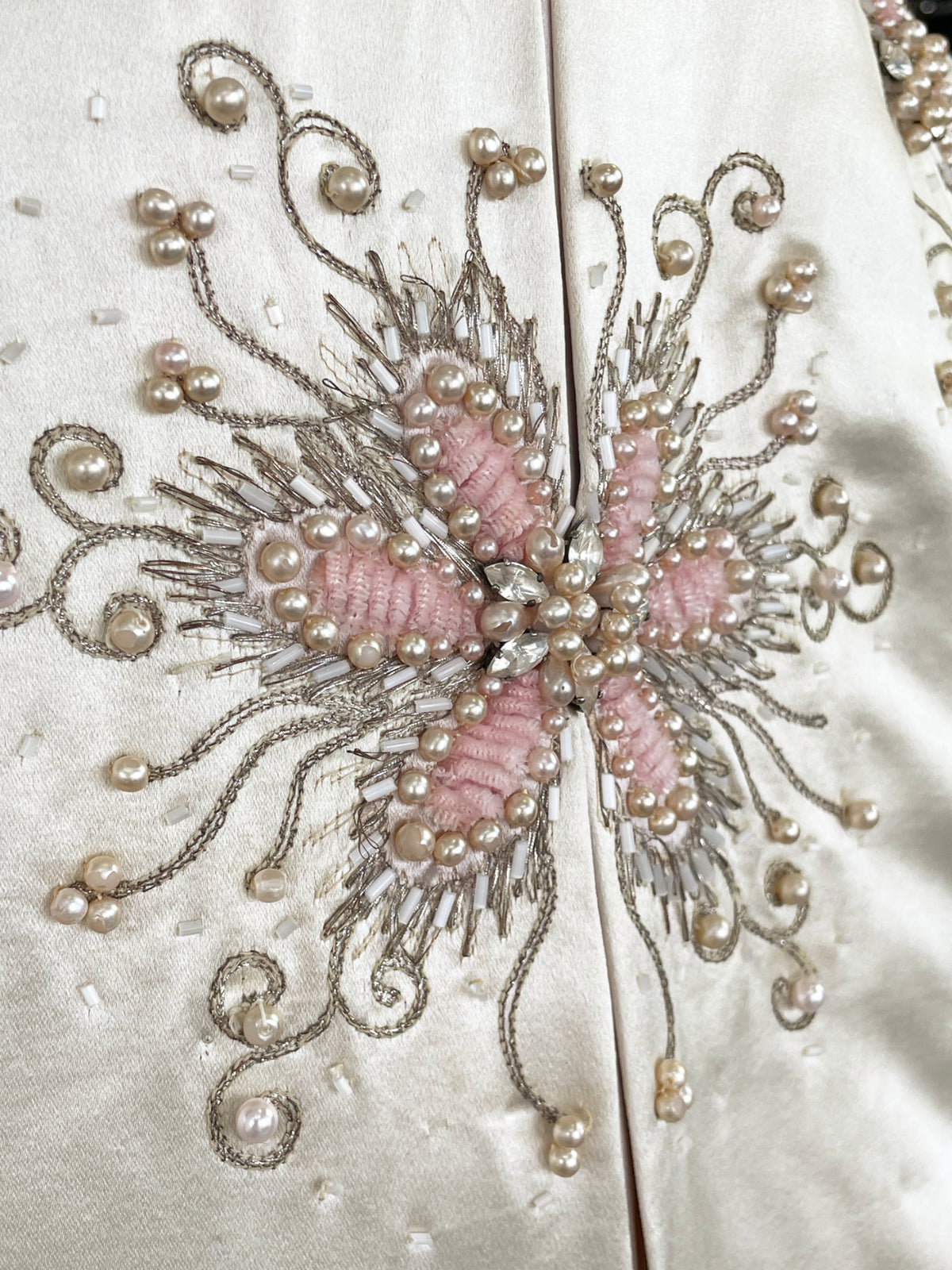 1950&#39;s Beaded Embroidered Cream &amp; Pale Pink Satin Strapless Couture Ballgown