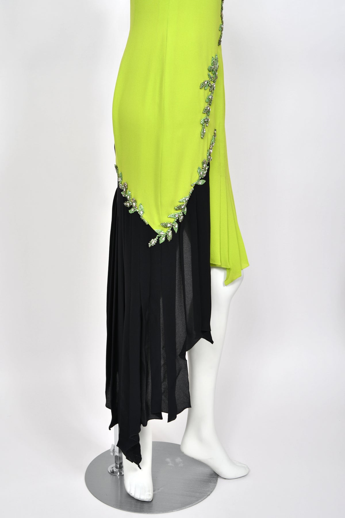 1997 Gianni Versace Lifetime Runway Lime Green & Black Embellished Silk High-Low Dress