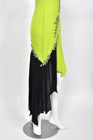 1997 Gianni Versace Lifetime Runway Lime Green & Black Embellished Silk High-Low Dress