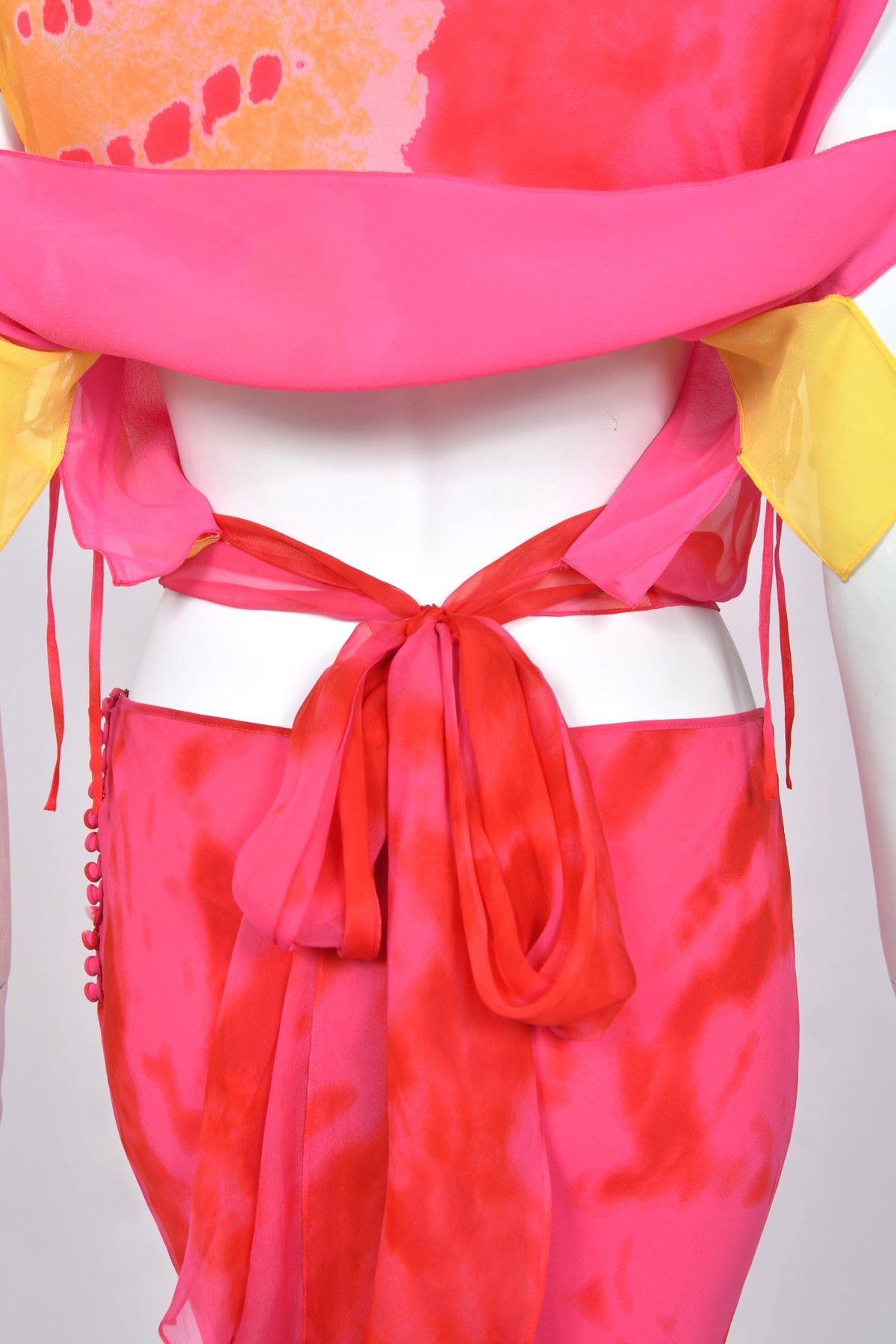 2003 Christian Dior by John Galliano Tie-Dye Pink Yellow Print Silk Cropped Blouse & Bias-Cut Skirt