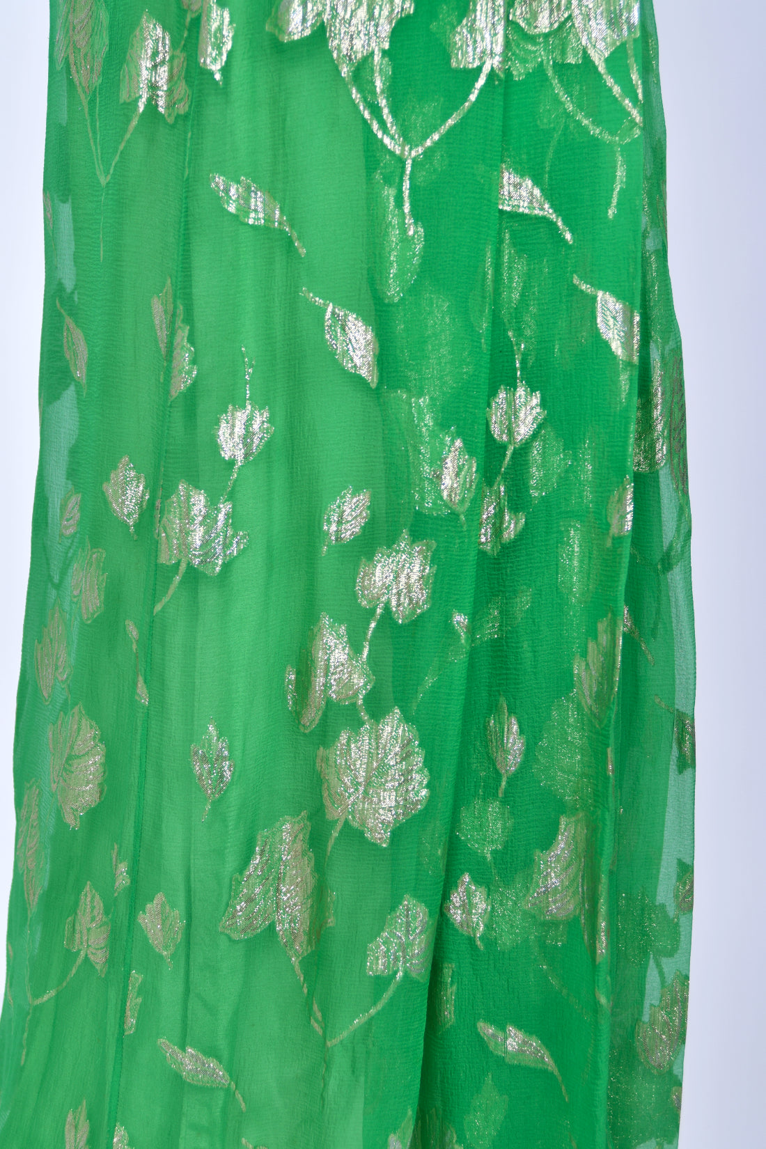 1974 Thea Porter Couture Metallic Green Sheer Silk Billow-Sleeve Maxi Dress