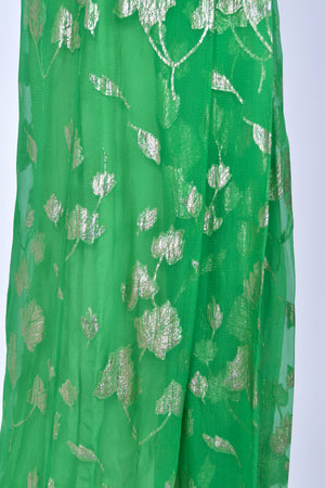 1974 Thea Porter Couture Metallic Green Sheer Silk Billow-Sleeve Maxi Dress