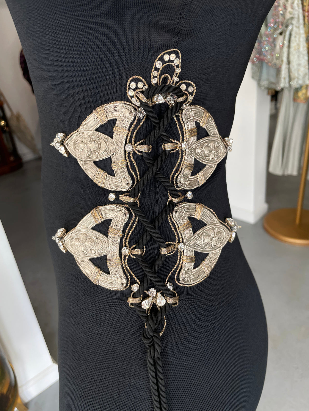 1994 Christian Dior Runway Metallic Embroidered Black Stretch Silk One-Sleeve Hourglass Dress