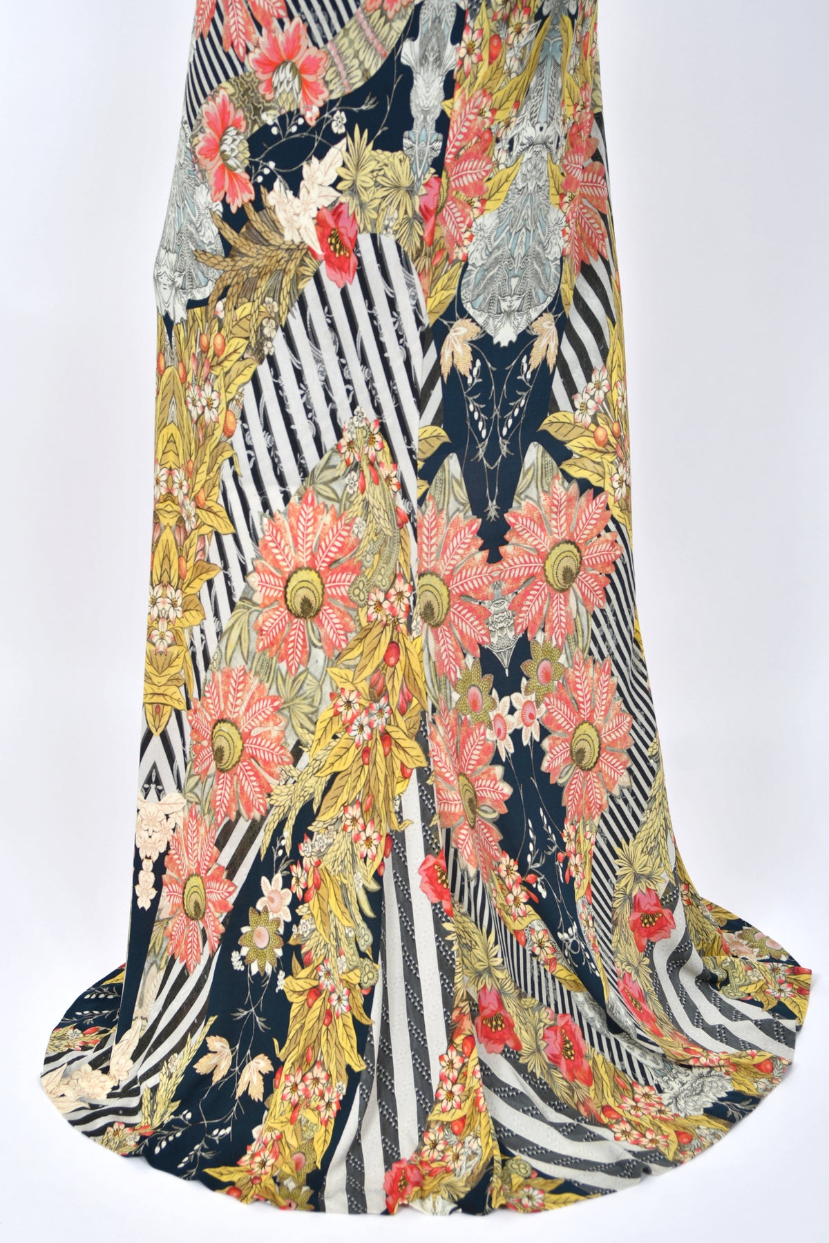 2011 Alexander McQueen 'Folklore Fin' Floral Stripe Print Draped Bias-Cut Gown w/ Shawl