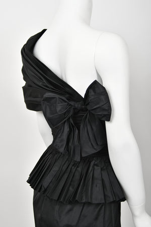 1986 Chanel Documented Runway Black Pleated Silk One-Shoulder Hourglass Gown