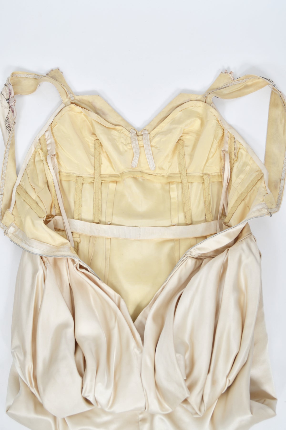 1950&#39;s Candlelight Satin Beaded Appliqué Skirted Hourglass Custom Couture Dress