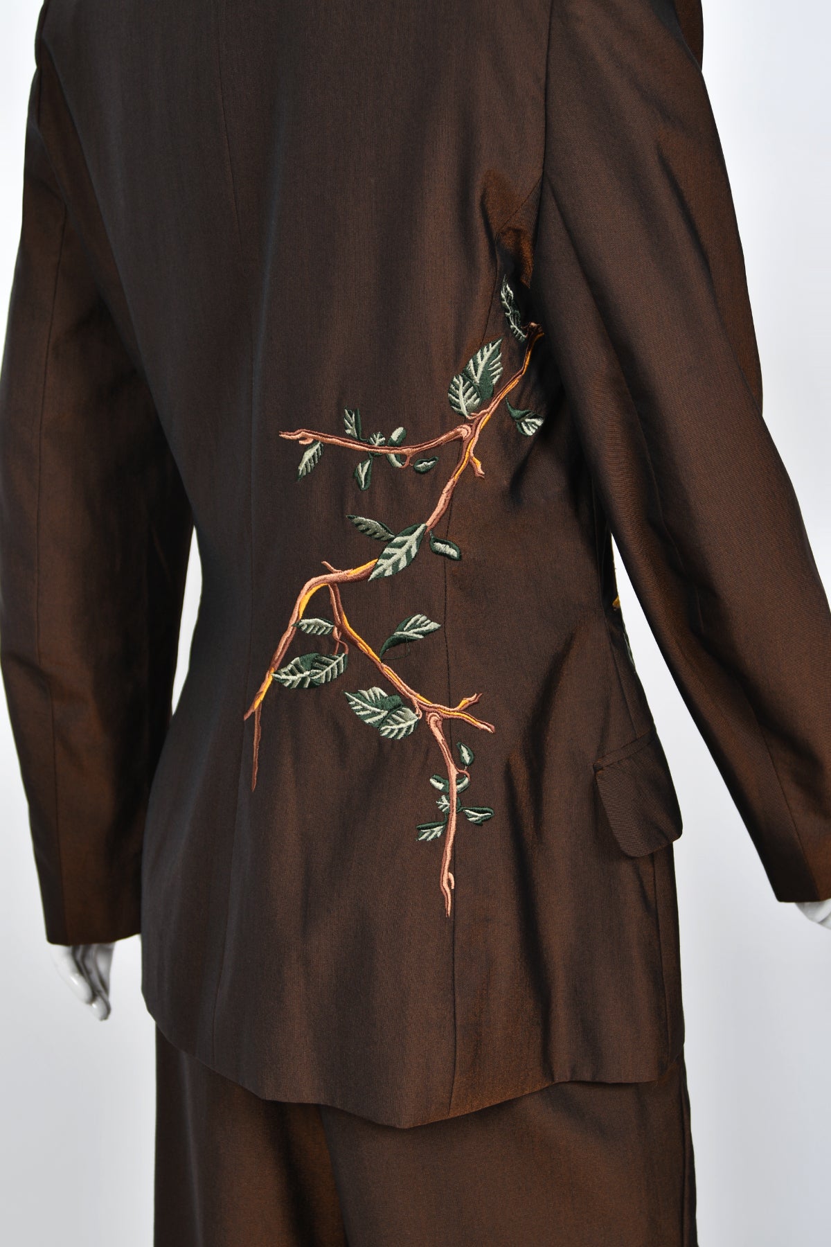 1998 Alexander McQueen for Givenchy Brown Wool Embroidered Birds Blazer Pantsuit