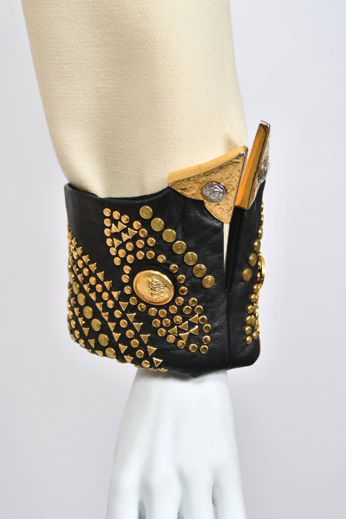 1992 Gianni Versace 'Miss S & M' Runway Collection Ivory Wool Studded Leather Editorial Jacket