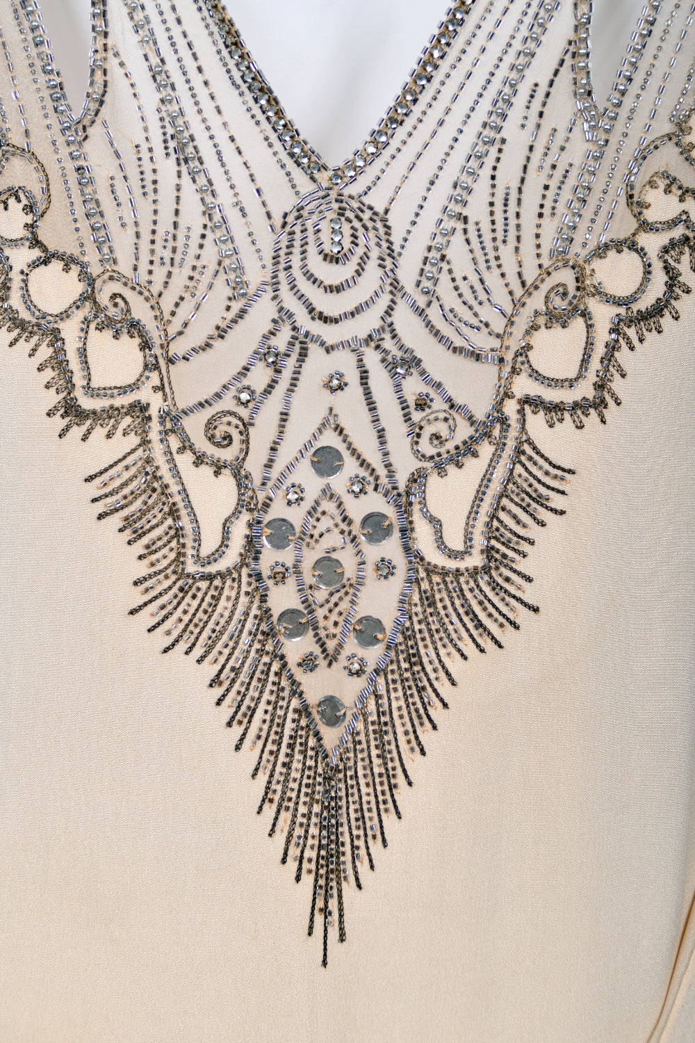 1930's French Ivory Creme Silk Beaded Sheer Illusion Deco Bias-Cut Bridal Gown