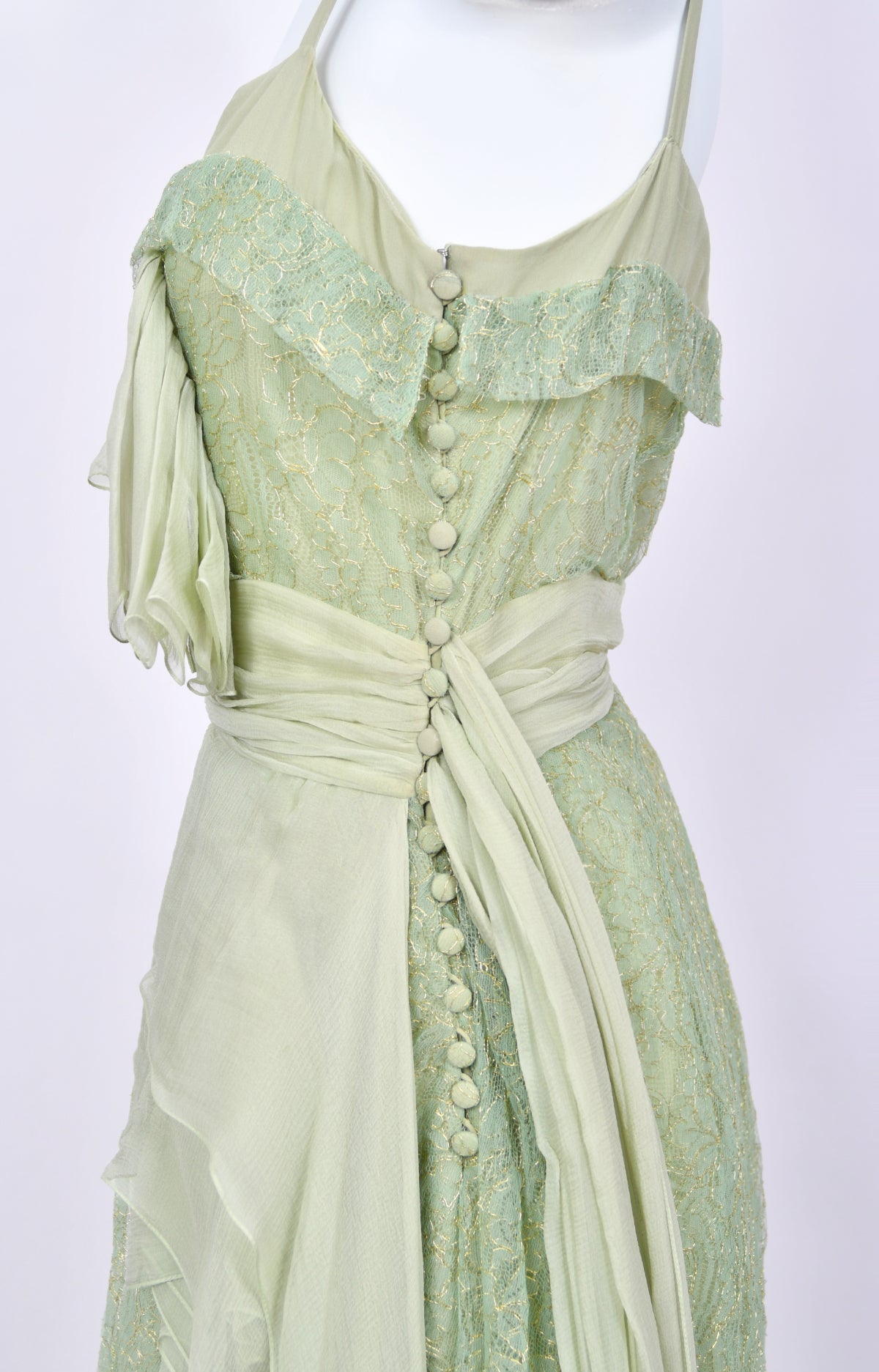 2007 John Galliano Metallic Mint-Green Lace &amp; Sheer Silk Tiered Ethereal Gown w/Tags