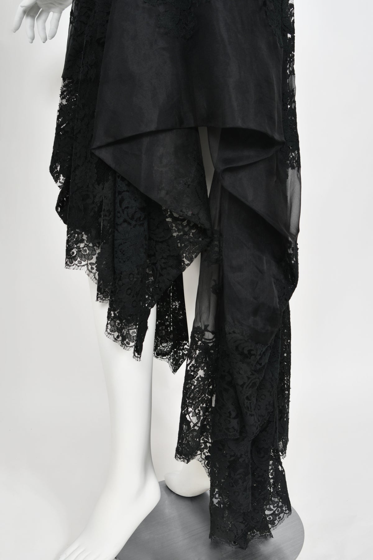 2010 Alexander McQueen Lifetime Black Crepe &amp; Sheer Illusion Lace High-Low Gown