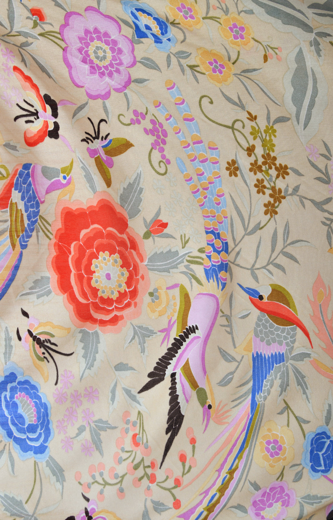 1971 Missoni Couture Colorful Floral Bird Print Silk-Jersey Caftan Gown