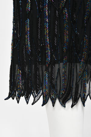 1970's Halston Couture Iridescent Beaded Black Silk One-Shoulder Dress
