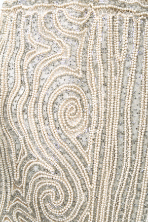 1982 Halston Runway Beaded Sheer Illusion Champagne Lace Backless Halter Wrap Gown