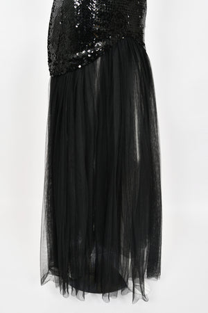 1986 Thierry Mugler 'Hiver Russe' Collection Black Sequin Bustier Sheer Gown