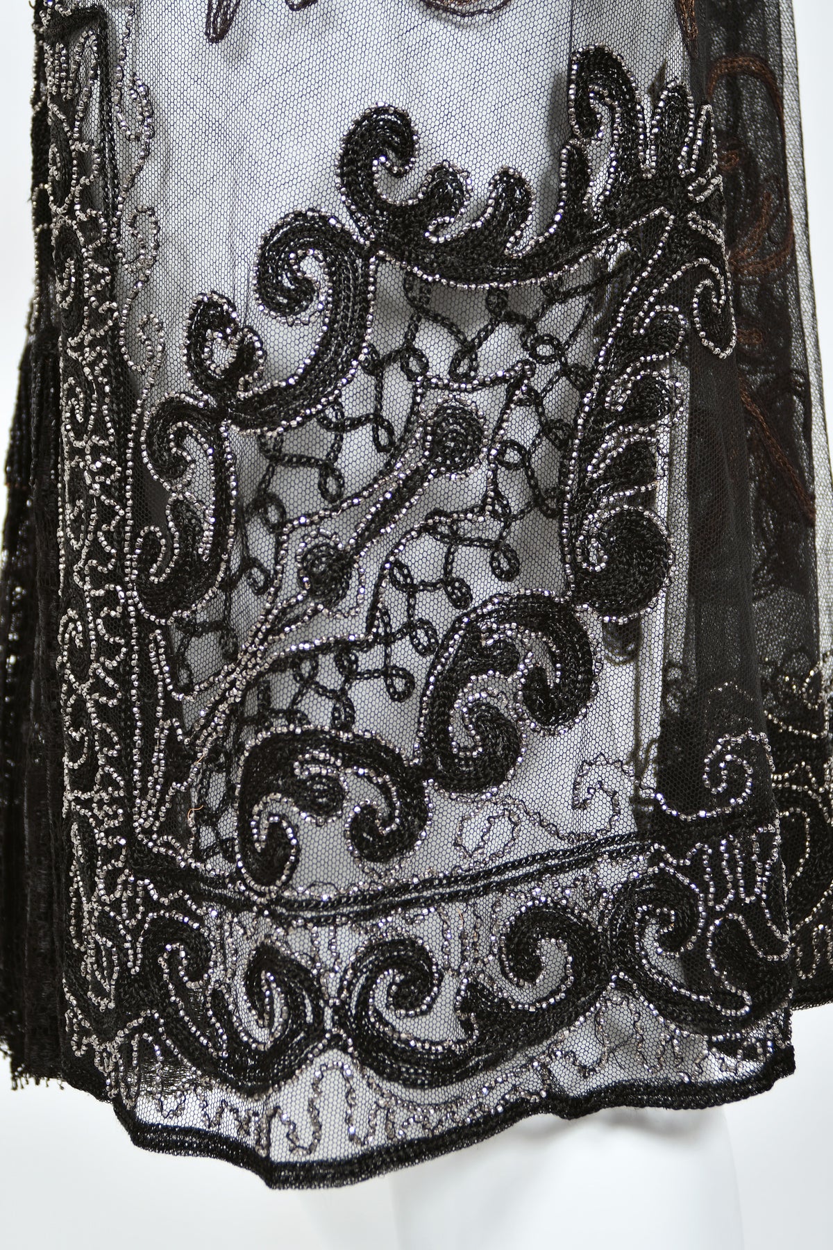 1920&#39;s Embroidered Black Sheer Mixed-Lace Beaded Art Deco Motif Dress