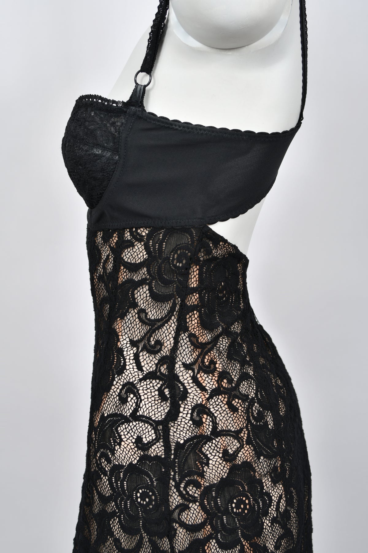 1997 Dolce &amp; Gabbana Sheer Black Stretch Lace Built-In Bra Hourglass Slip Gown