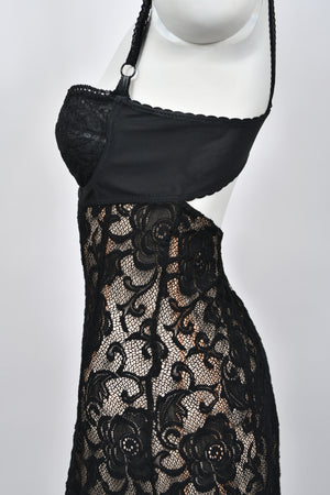 1997 Dolce & Gabbana Sheer Black Stretch Lace Built-In Bra Hourglass Slip Gown