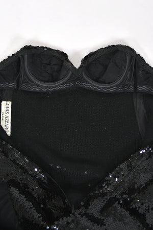 1978 Loris Azzaro Couture Black Sequin Strapless Tiered-Ruffle Gown & Sheer Capelet