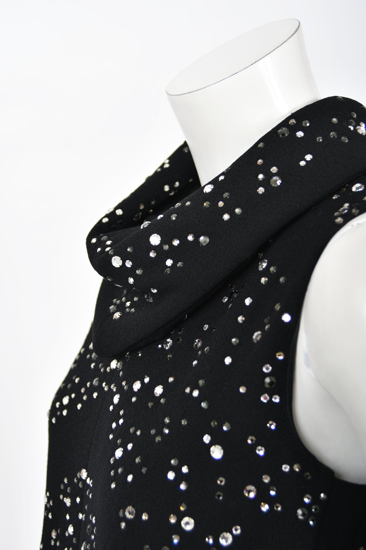 1960&#39;s Pauline Trigère Rhinestone Studded Black Wool Mod Trapeze Dress