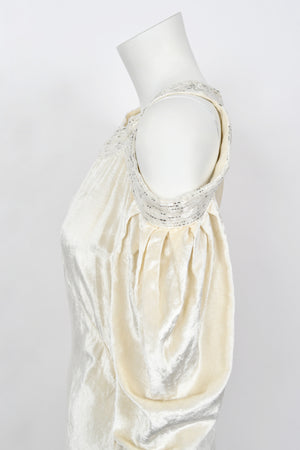 1930's Beaded Ivory Silk-Velvet Cut Out Shoulders Bias-Cut Old Hollywood Gown