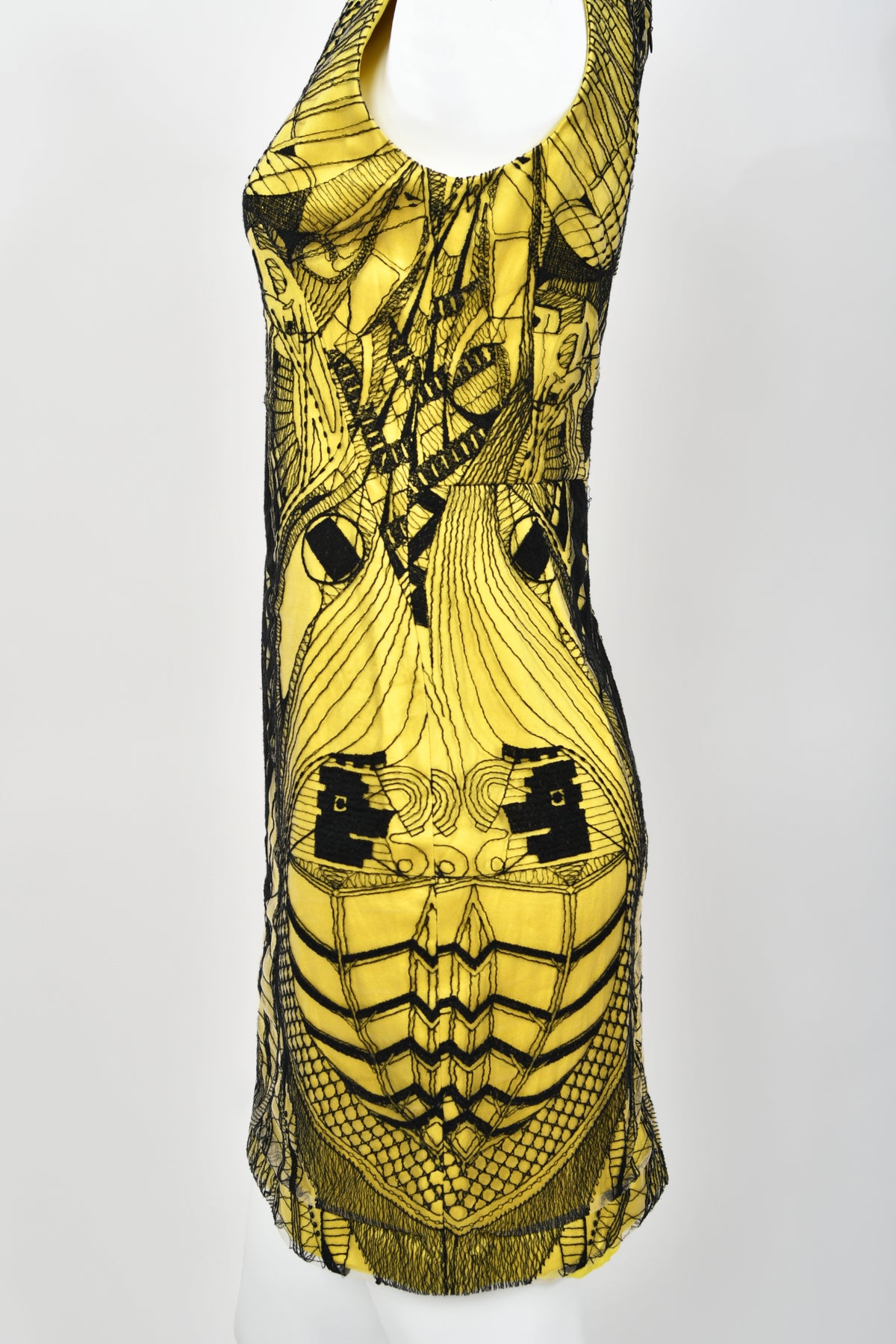 2010 Alexander McQueen Lifetime Insect Tattoo Embroidered Net-Lace Yellow Mini Dress
