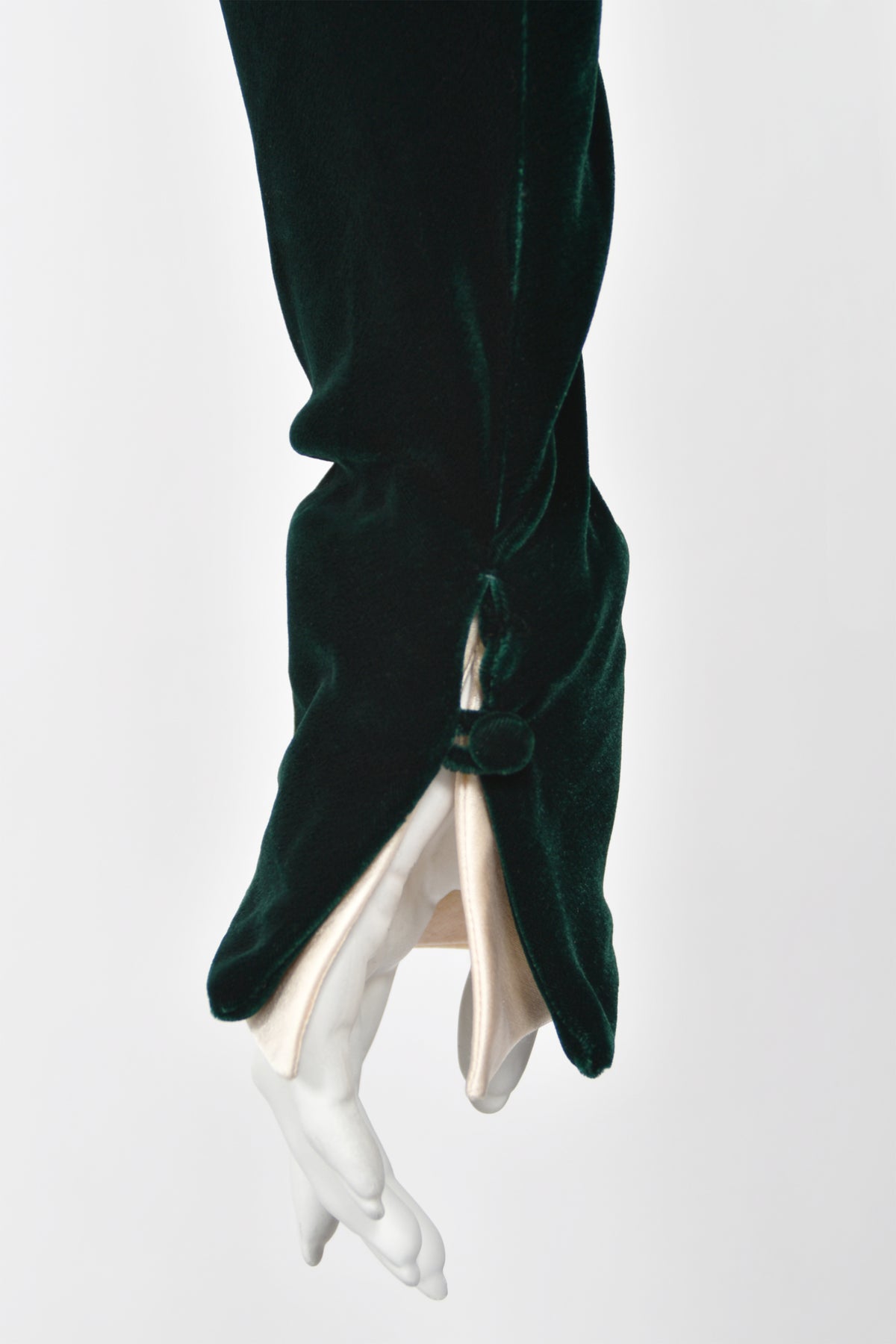 1978 Halston Couture Dark Green Velvet & Ivory Silk Ruffle Bodice Bias-Cut Gown