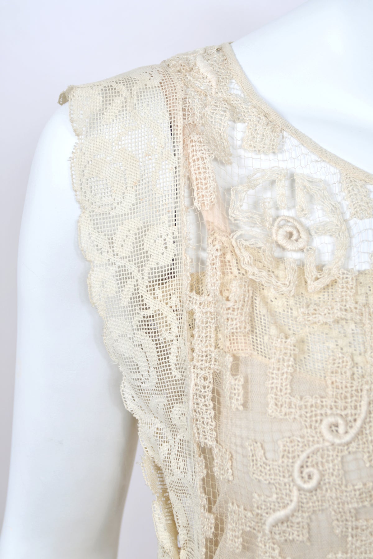 1920's French Cream Heavily Embroidered Deco Motif Filet Lace & Sheer Net Tea-Length Dress