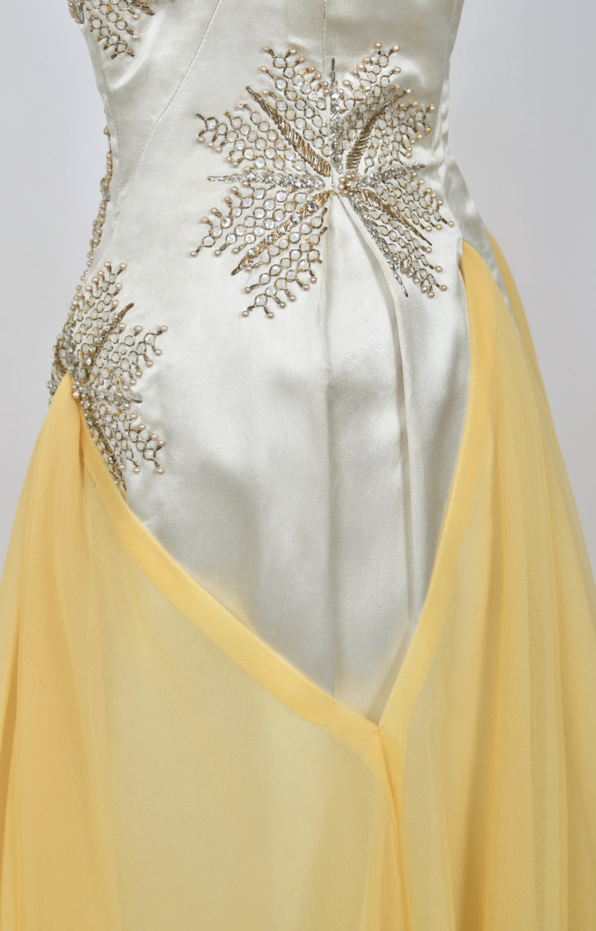 1950&#39;s French Couture Ivory Metallic Embroidered Beaded Silk Skirted Hourglass Gown