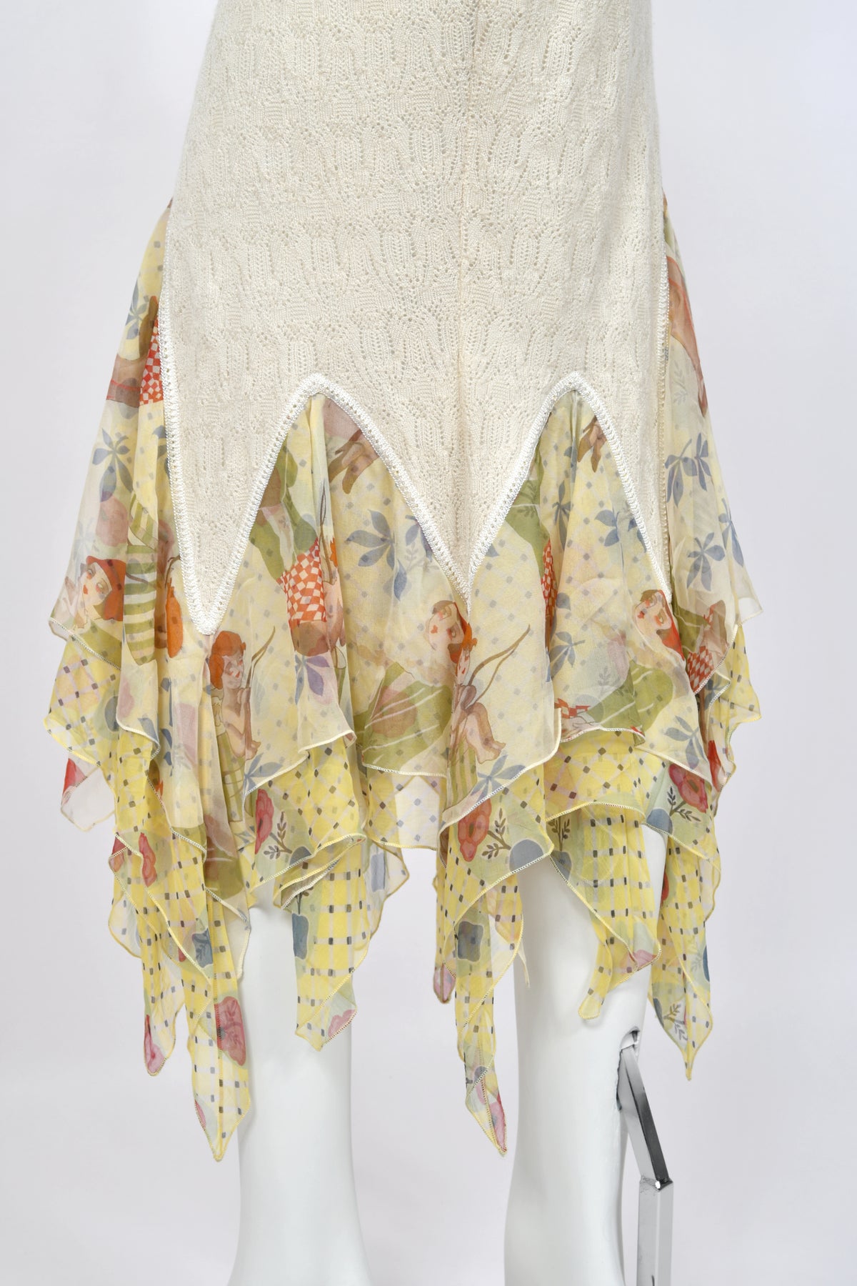 2004 John Galliano 'Cherubs & Flappers' Whimsical Print Silk Camisole & Cashmere Knit Bias-Cut Skirt Set