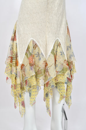 2004 John Galliano 'Cherubs & Flappers' Whimsical Print Silk Camisole & Cashmere Knit Bias-Cut Skirt Set