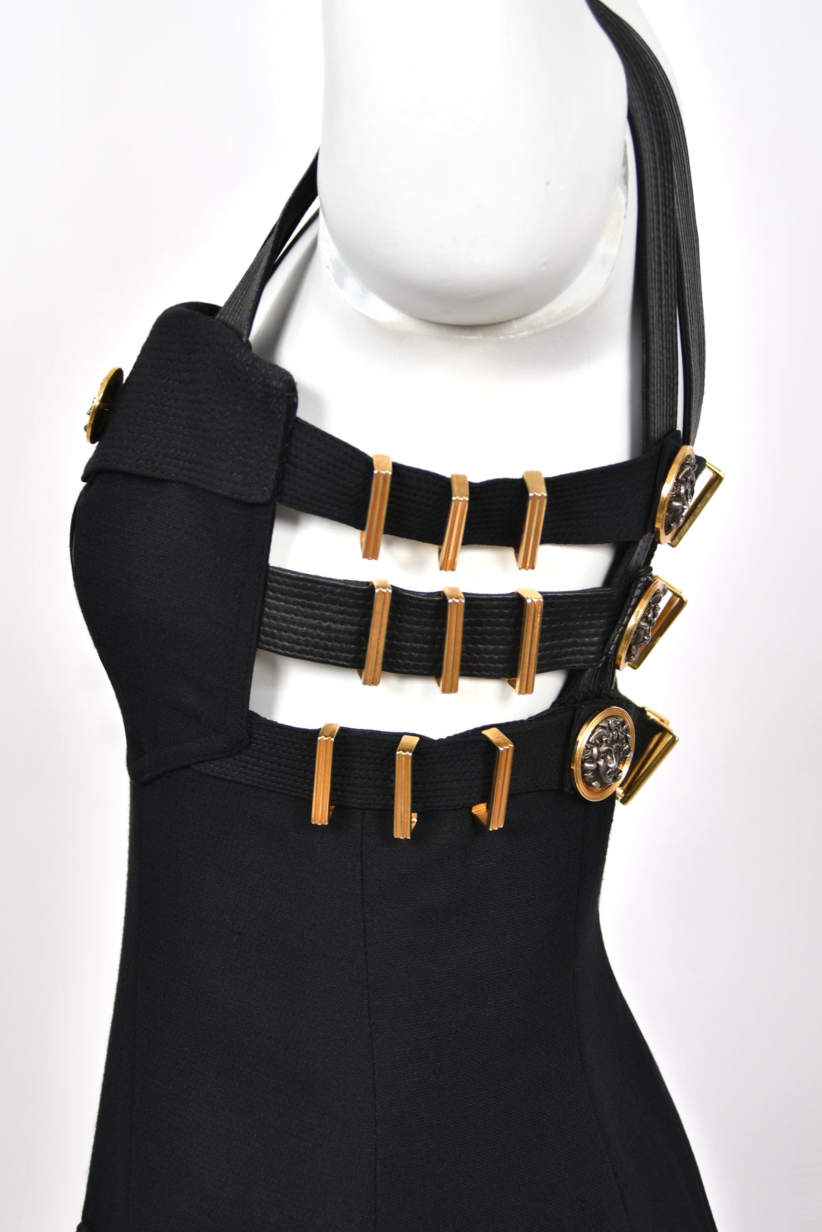 1992 Gianni Versace 'Miss S&M' Runway Collection Black Leather Bondage Wool Dress