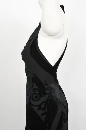1997 Galindo Couture Black Devoré Velvet Bias-Cut Halter Trained Gown