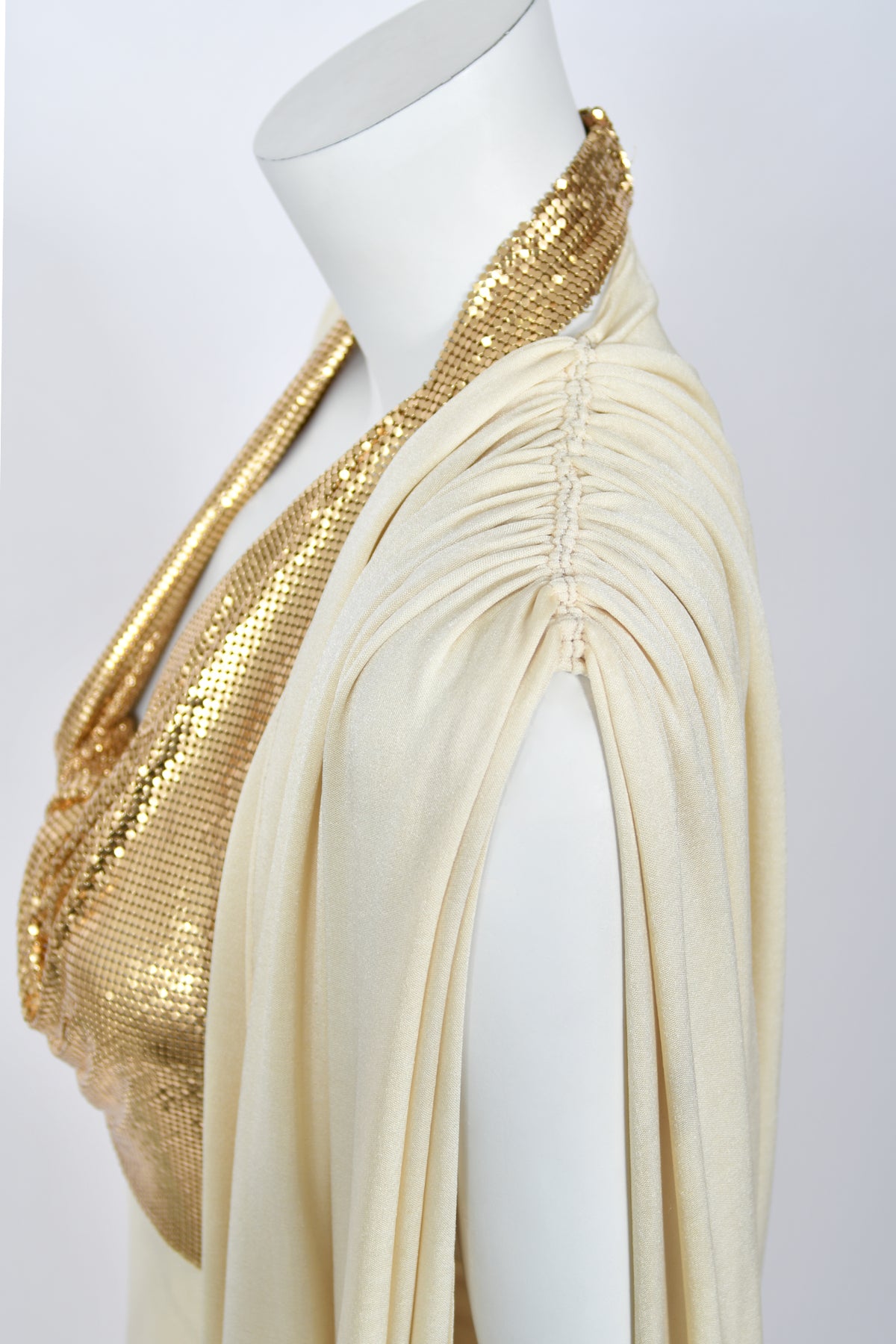 1972 Loris Azzaro Couture Ivory Silk-Jersey &amp; Gold Metal Mesh Backless Gown w/ Cape