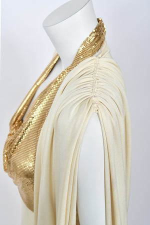 1972 Loris Azzaro Couture Ivory Silk-Jersey & Gold Metal Mesh Backless Gown w/ Cape