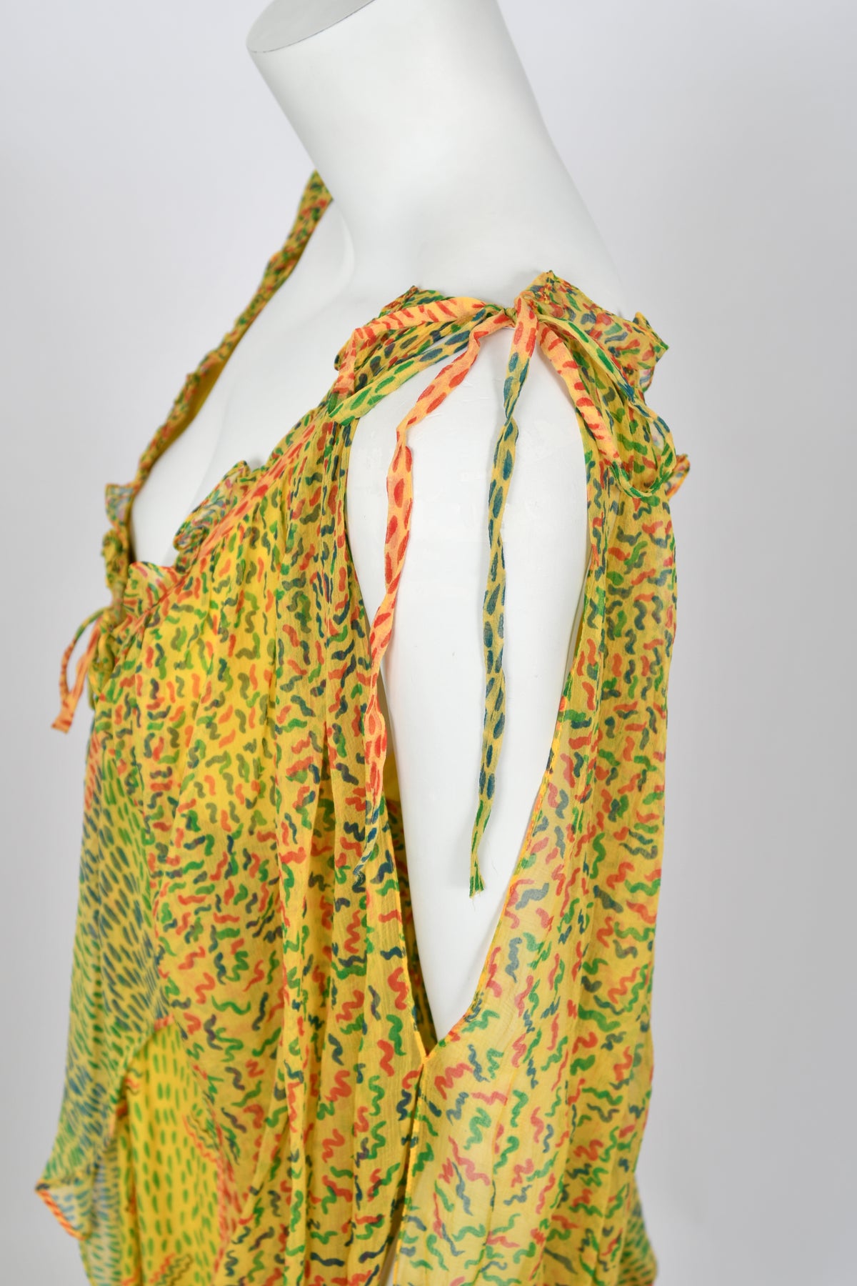 1971 Ossie Clark for Quorum Celia Birtwell Yellow Print Sheer Silk Chiffon Cut-Out Dress
