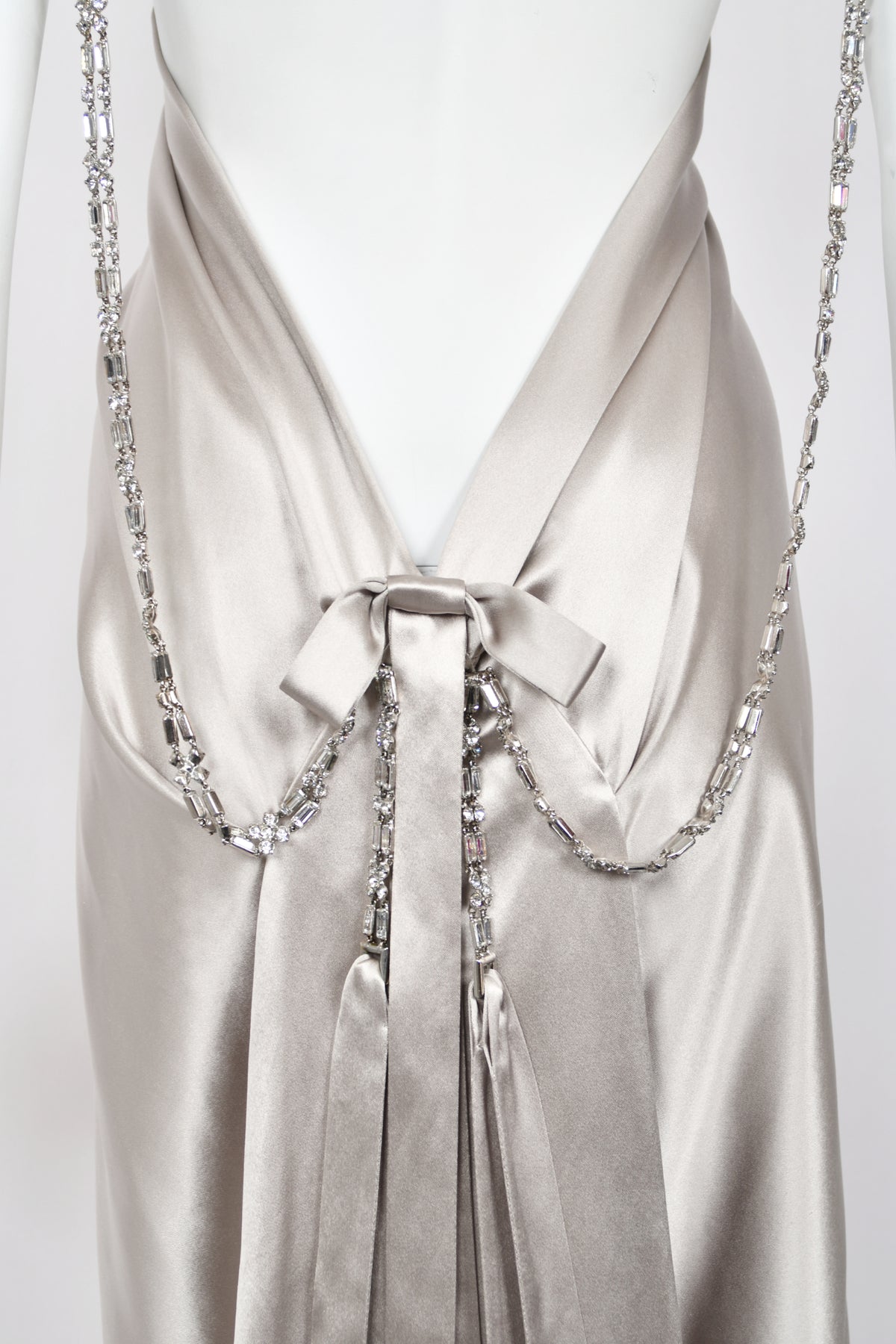 2006 Dsquared2 Platinum Silk Jeweled Backless Trained Glamour Gown