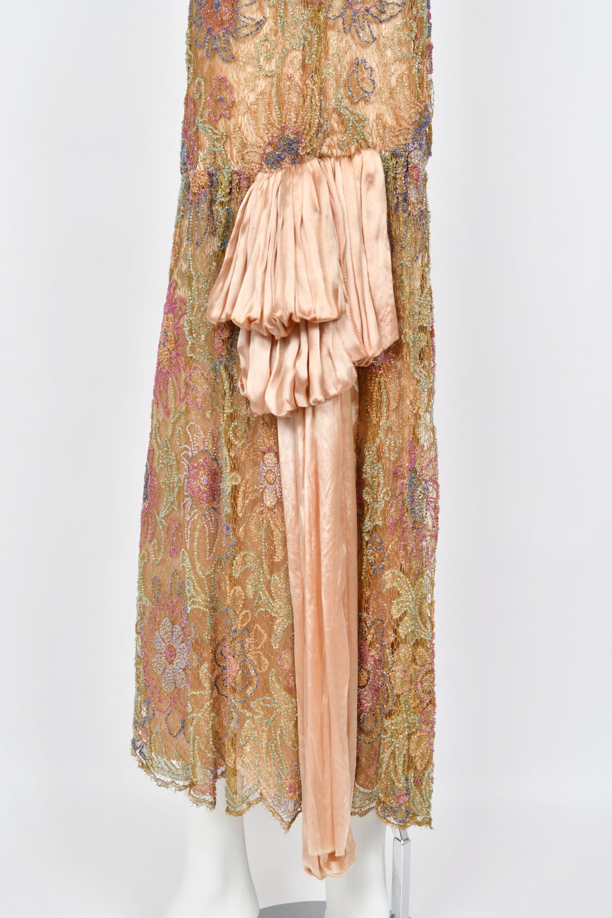 1920&#39;s French Couture Colorful Beaded Metallic Lamè Lace &amp; Pink Silk Dress