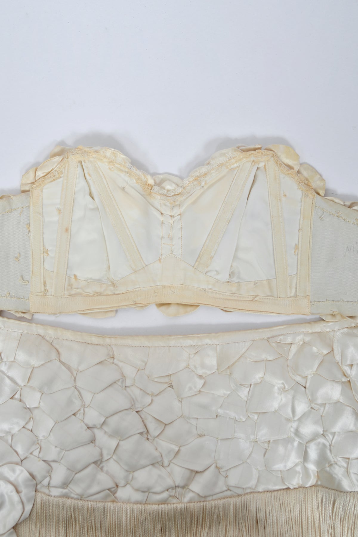 1950&#39;s Ivory Floral Appliqué Silk Bustier Crop Top &amp; Matching Fringe Skirt Set