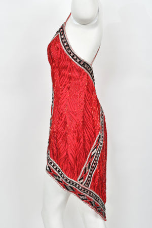 1984 Bob Mackie Documented Fully Beaded Red Silk High Low Micro-Mini Dress