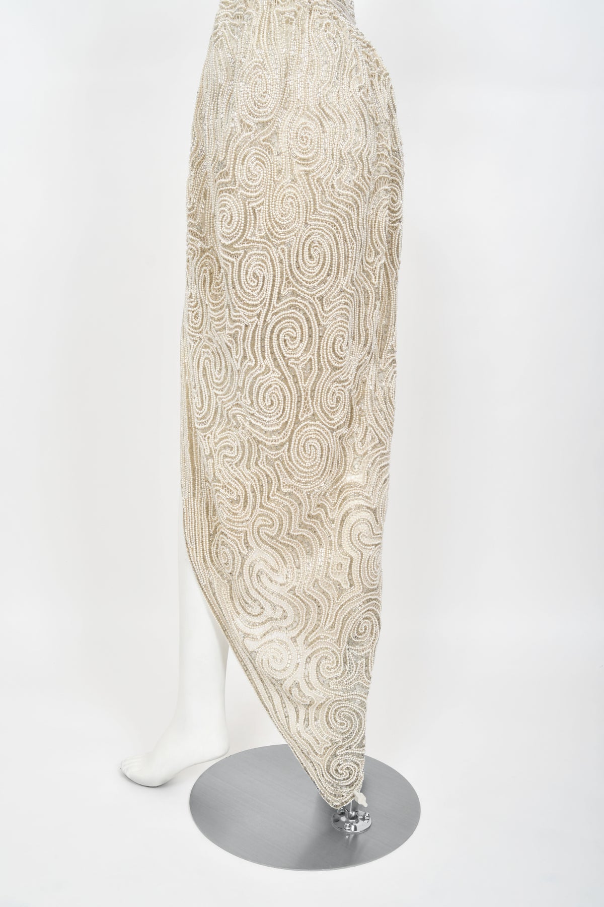 1970&#39;s Halston Couture Ivory Beaded Sheer Lace Backless Halter Wrap Gown